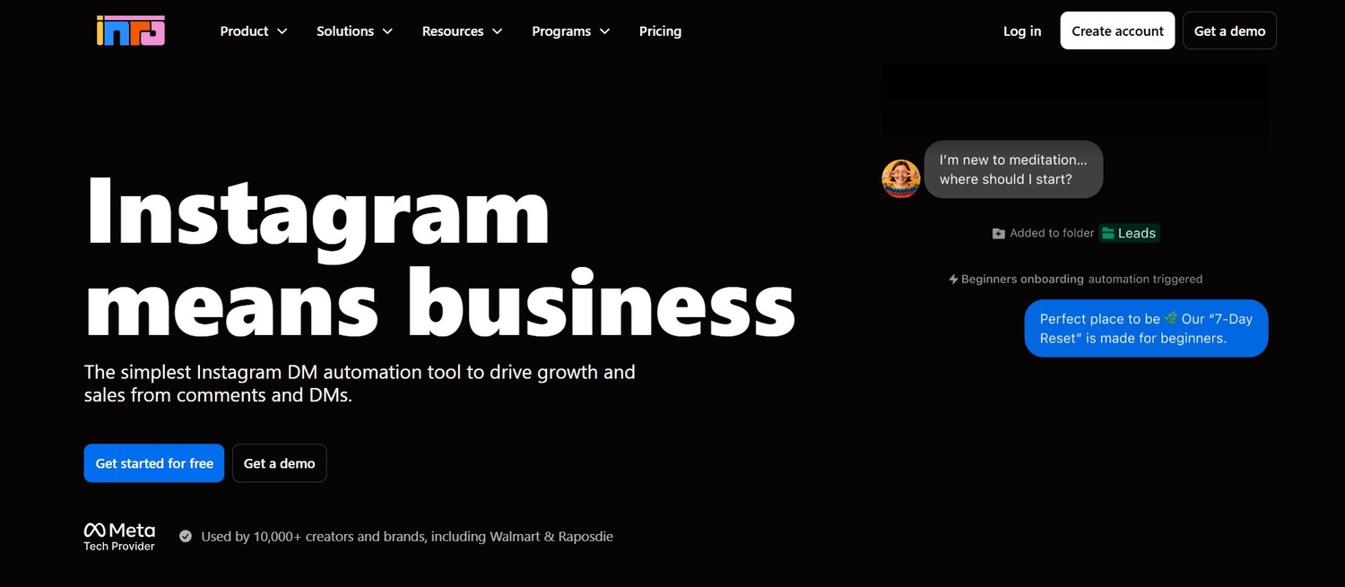 Inro landing page with the headline "Instagram means business," describing itself as a simple DM automation tool with a visual of an automated chat conversation tagging a new lead.