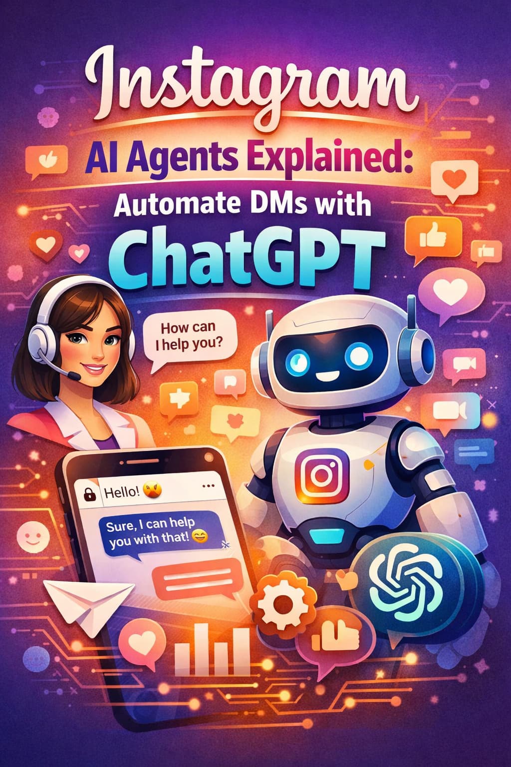 Colorful illustration showing Instagram AI automation with a chatbot robot and support agent interacting through smartphone messages, highlighting automated DMs powered by ChatGPT.