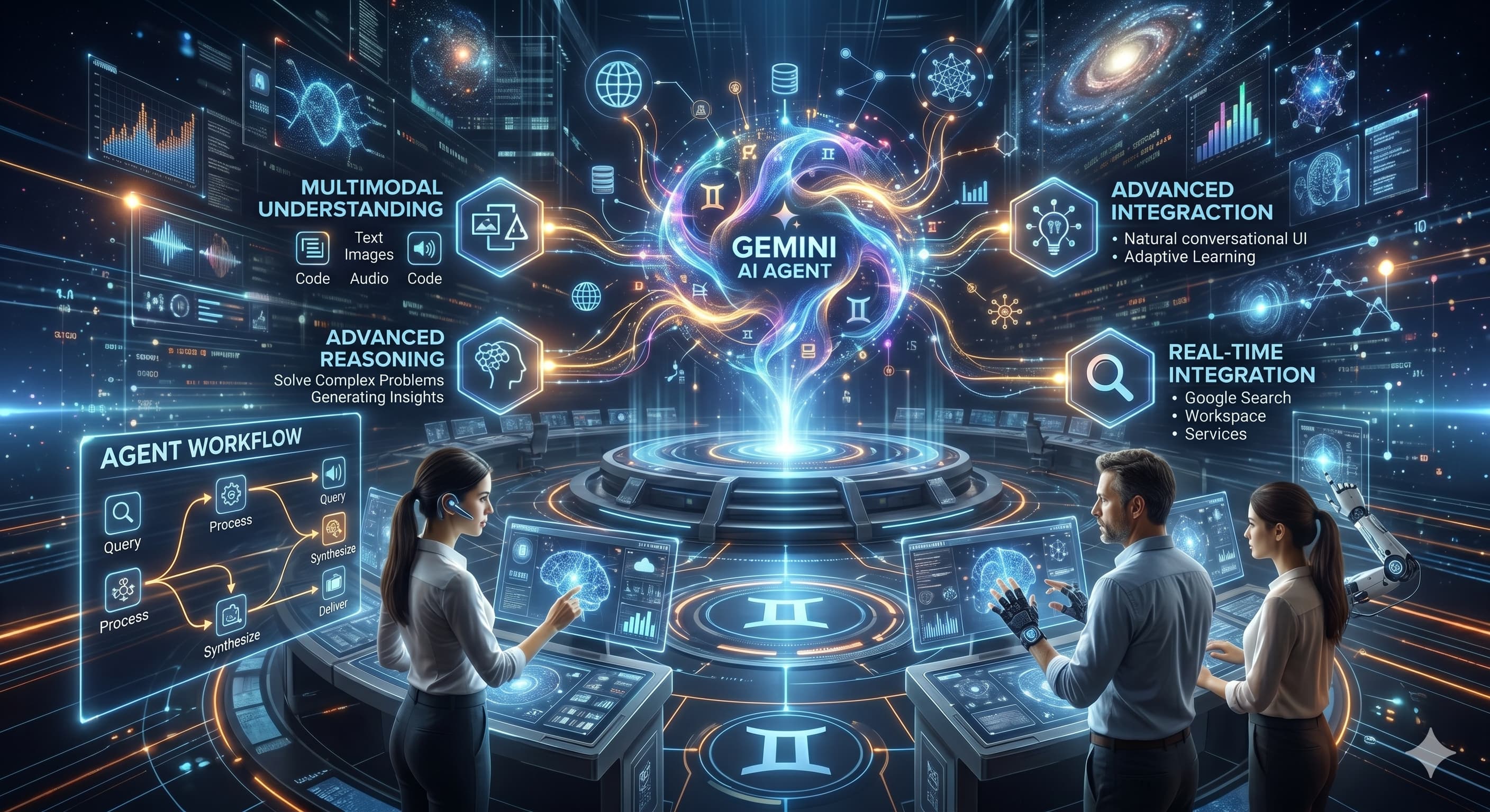 Futuristic AI dashboard showing a “Gemini AI Agent” at the center with data visualizations, multimodal inputs, and workflow diagrams, surrounded by professionals interacting with advanced analytics and automation systems.