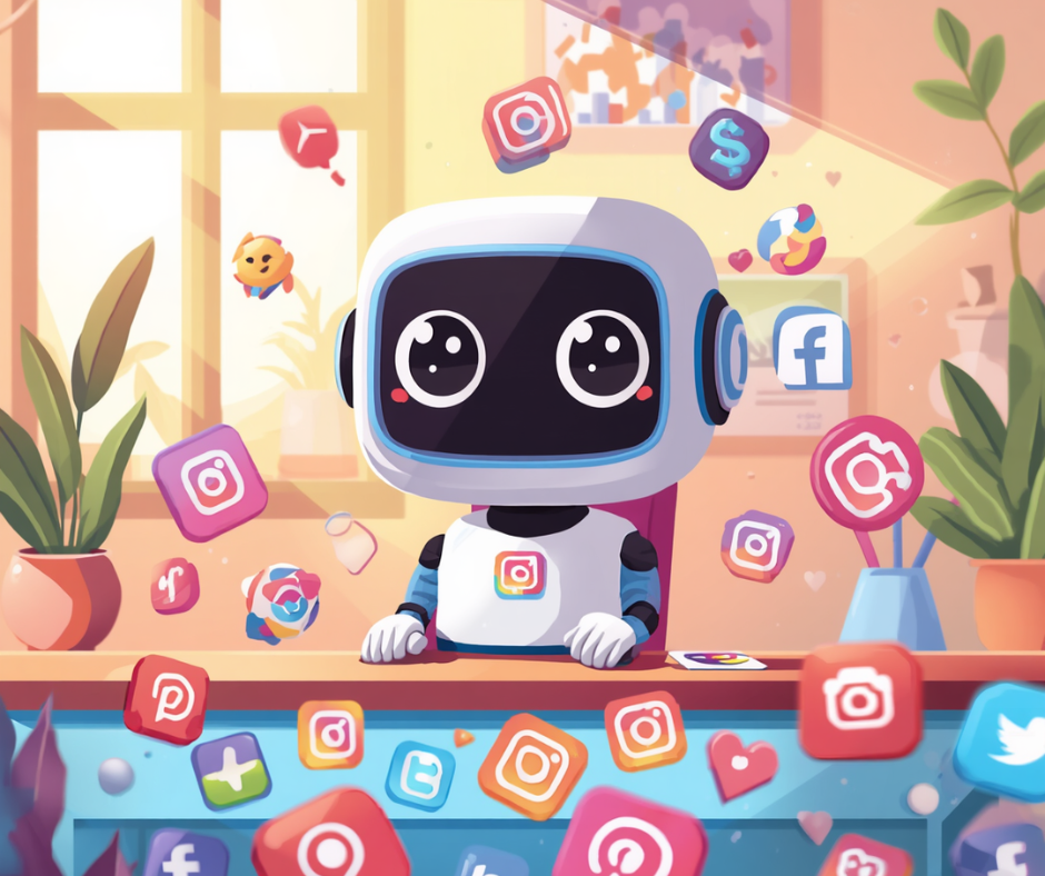 A 3D illustration of a cute, friendly-looking robot sitting at a desk in a warmly lit room. The robot has a white and blue body with a black screen for a face, featuring large, expressive, anime-style eyes and pink blush marks on its 'cheeks.' A flurry of colorful, 3D social media icons—predominantly stylized Instagram logos, along with generic Facebook, Twitter, and camera icons—float in the air all around the robot and in the foreground. Potted plants and a sunny window are visible in the background.