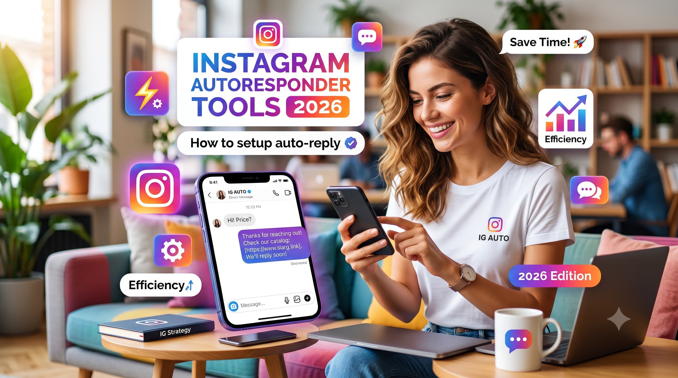 A modern blog hero image featuring a woman smiling while looking at her smartphone in a bright office space. The graphic text reads Instagram Autoresponder Tools 2026: How to setup auto-reply. Next to her, a smartphone display shows an automated Instagram DM conversation example, surrounded by digital badges for productivity, efficiency, and social media automation.
