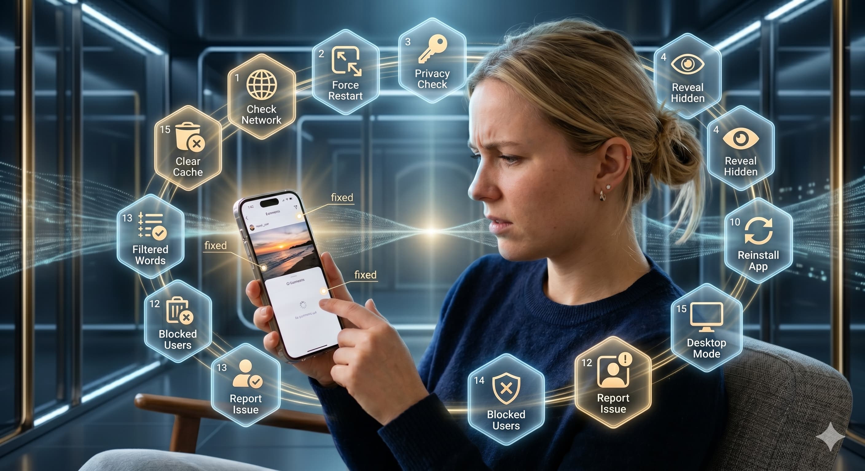 A woman looking at a smartphone with a holographic ring of troubleshooting icons around her, illustrating 15 fixes for when you can't see Instagram comments.