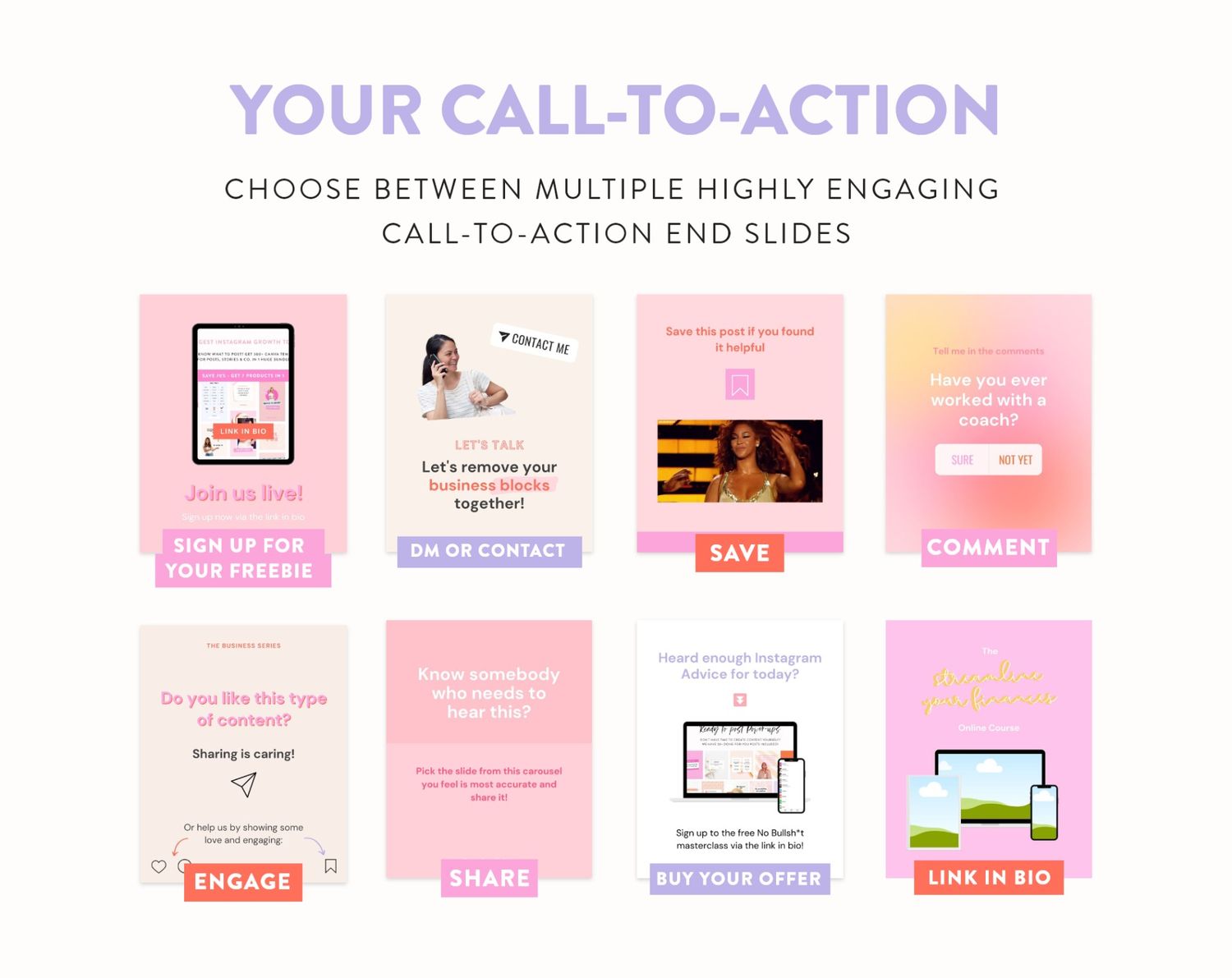 Educational graphic showcasing multiple Instagram carousel call-to-action end slides including 'Sign Up', 'DM or Contact', 'Save', 'Comment', 'Engage', 'Share', 'Buy Your Offer', and 'Link in Bio' options.