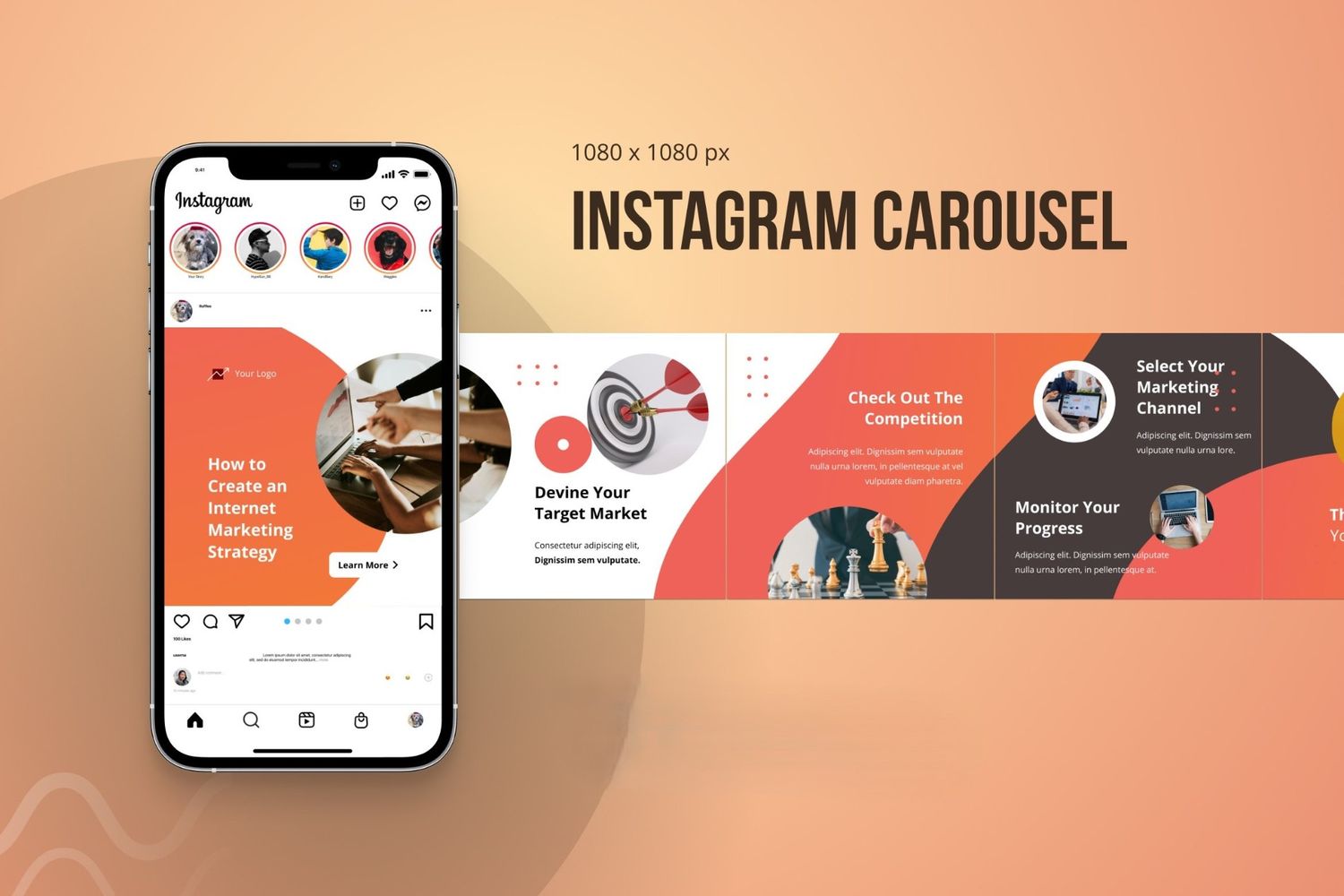 An Instagram carousel post template designed for digital marketing strategies, illustrating a step-by-step guide for defining target audiences, competitive analysis, and performance monitoring.