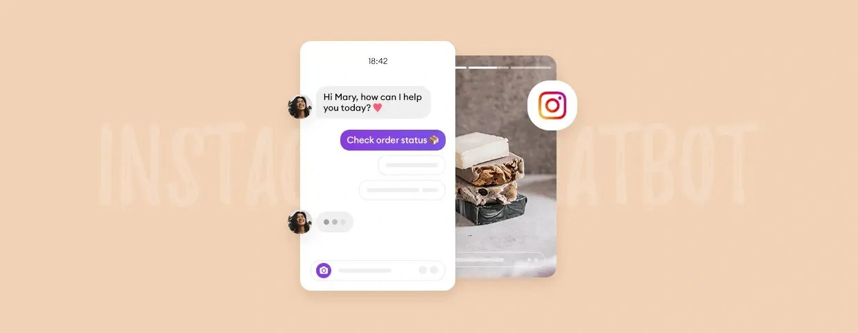 A digital illustration of an Instagram Direct Message interface showing an automated chat. The bot asks 'Hi Mary, how can I help you today?' and the user replies 'Check order status', with an Instagram logo and product image in the background.