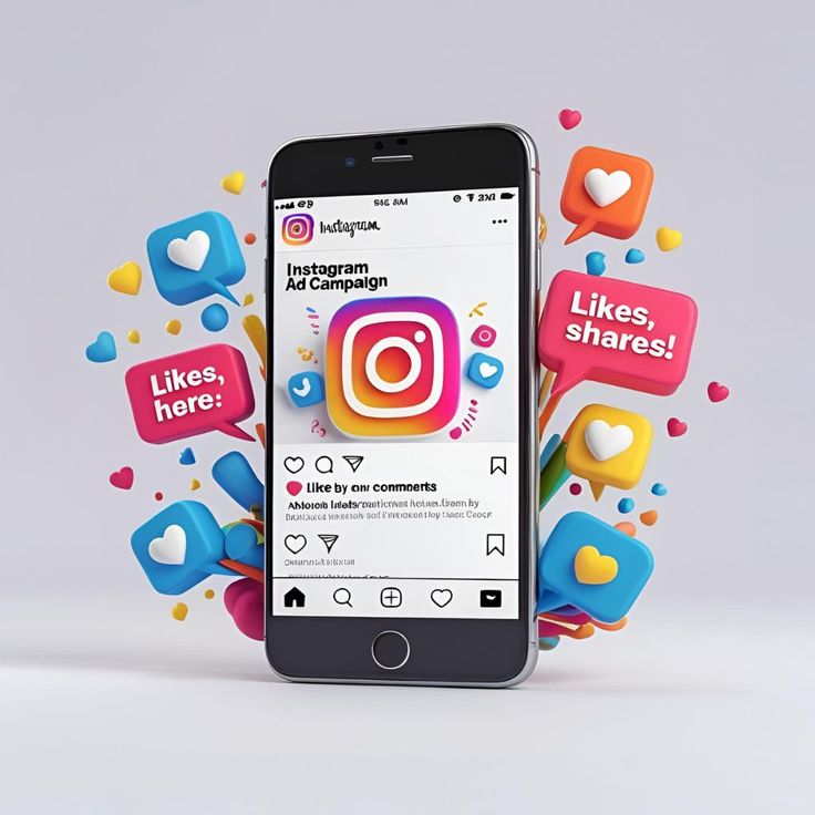 A 3D illustration of a smartphone displaying an Instagram Ad Campaign post. Bursts of colorful, 3D social media icons—including red speech bubbles that read