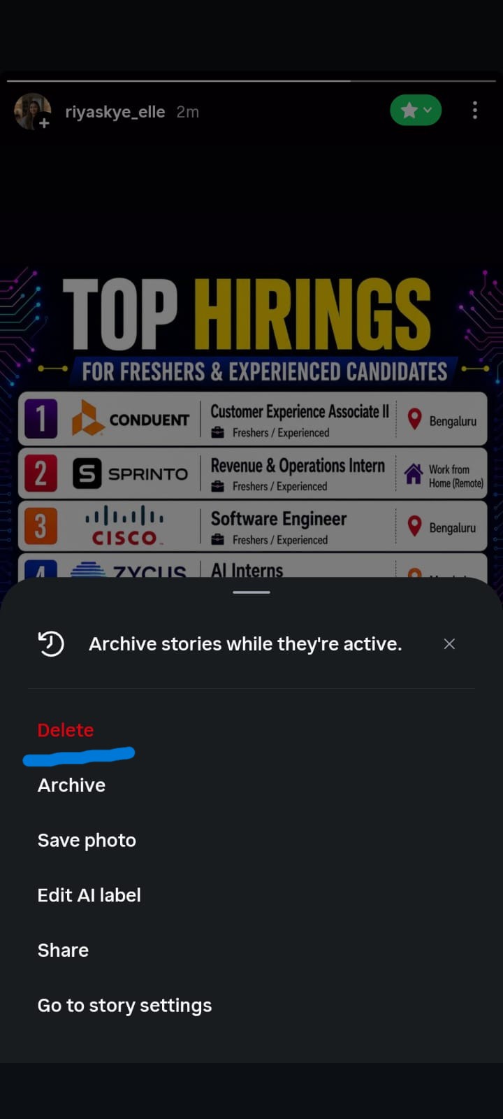 An Instagram interface screenshot showing an open options menu overlaid on a background Story. The background Story, posted by "riyaskye_elle" two minutes ago, displays a job recruitment graphic titled "TOP HIRINGS FOR FRESHERS & EXPERIENCED CANDIDATES". Visible job listings include:
- CONDUENT: Customer Experience Associate II (Freshers / Experienced) in Bengaluru
- SPRINTA: Revenue & Operations Intern (Freshers / Experienced), Work from Home (Remote)