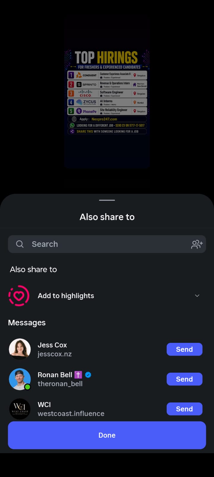 An Instagram interface screenshot showing an open options menu overlaid on a background Story. The background Story, posted by "riyaskye_elle" two minutes ago, displays a job recruitment graphic titled "TOP HIRINGS FOR FRESHERS & EXPERIENCED CANDIDATES". Visible job listings include:
- CONDUENT: Customer Experience Associate II (Freshers / Experienced) in Bengaluru
- SPRINTA: Revenue & Operations Intern (Freshers / Experienced), Work from Home (Remote)
- CISCO: Software Engineer (Freshers / Experienced) in Bengaluru