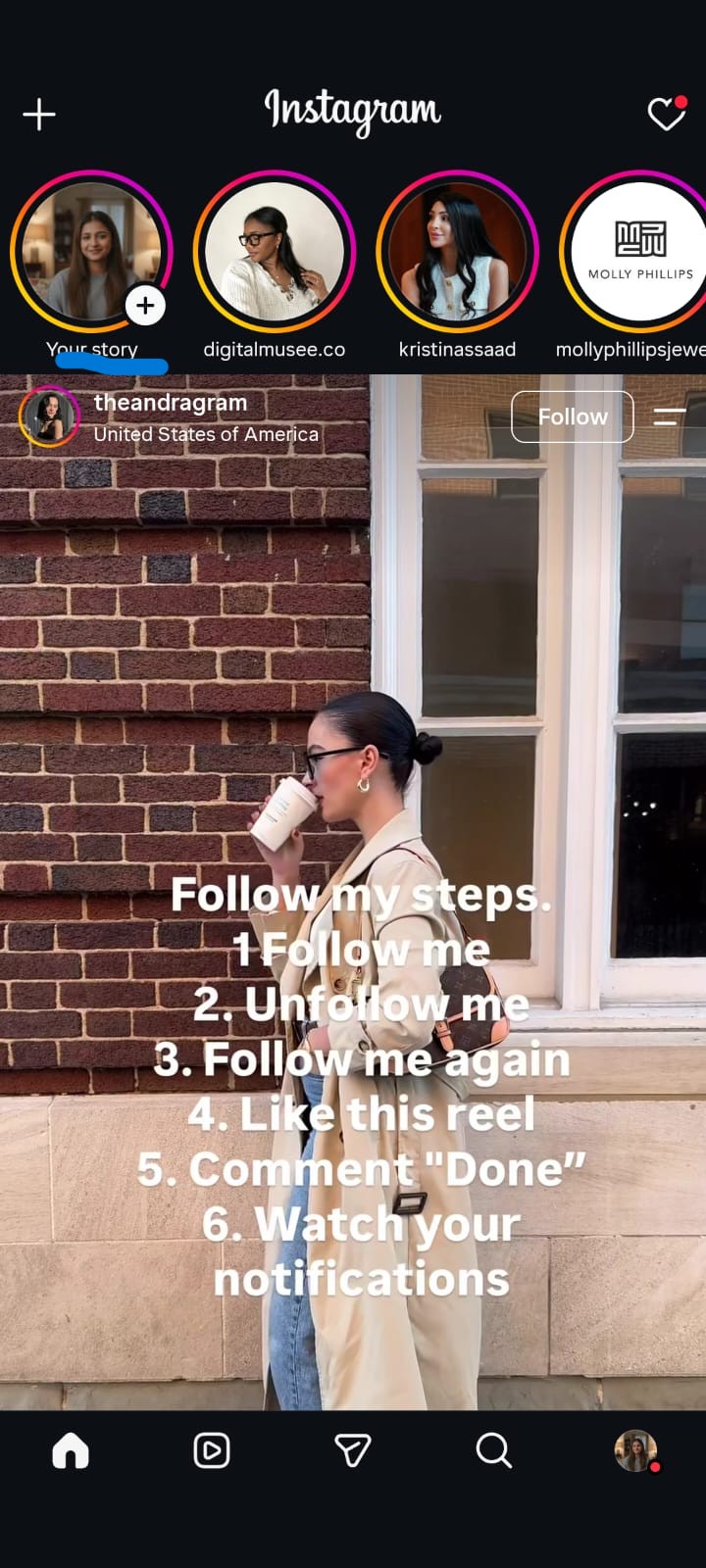An Instagram screenshot showing a user's home feed. At the top, there is a row of story circles with usernames such as