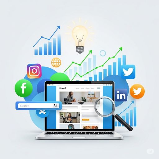A laptop displaying a website, surrounded by floating social media icons, growth charts, a lightbulb, and a magnifying glass.