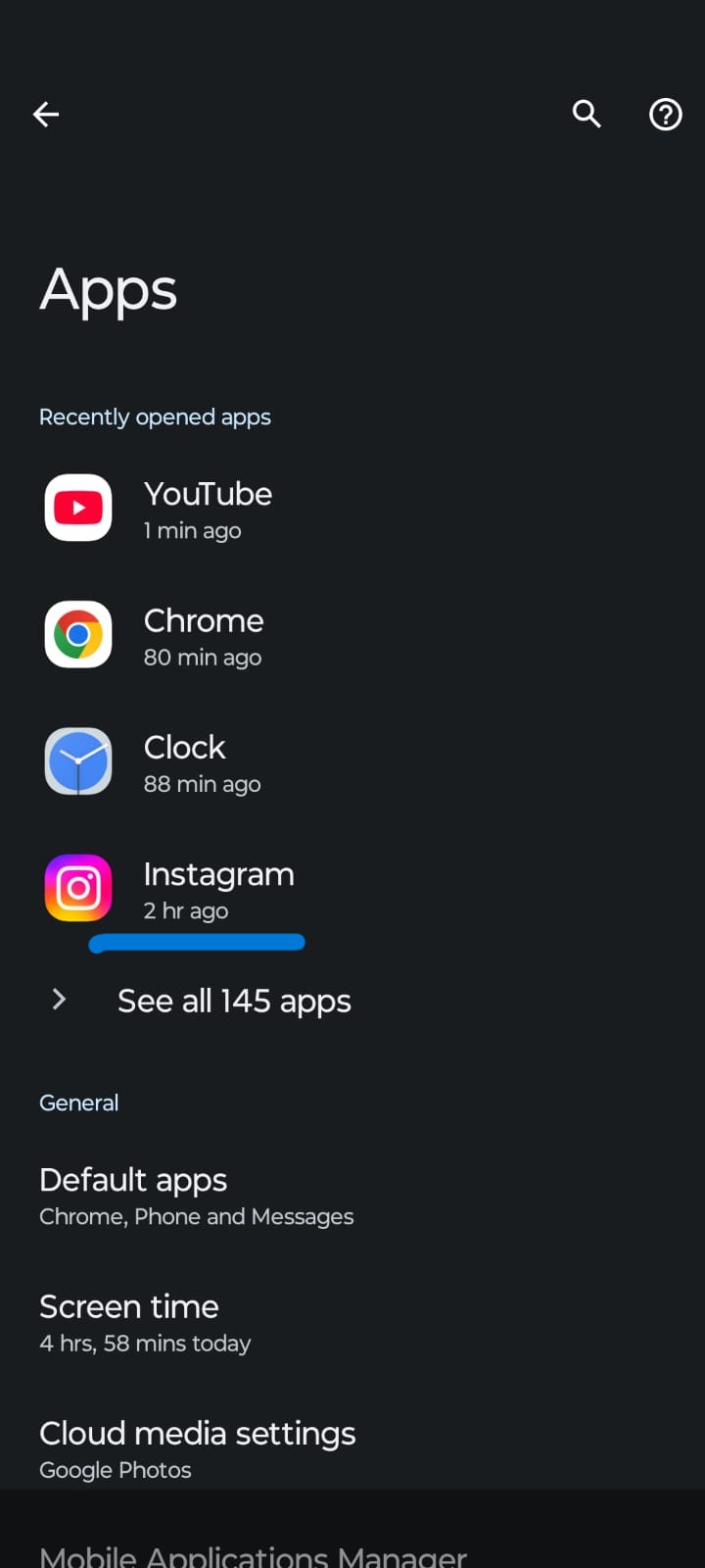 Screenshot of the Android Apps settings page in dark mode, showing recently opened apps including YouTube, Chrome, Clock, and Instagram. The Instagram app is highlighted, with options such as See all 145 apps, Default Apps, Screen Time, and Cloud Media Settings visible below.