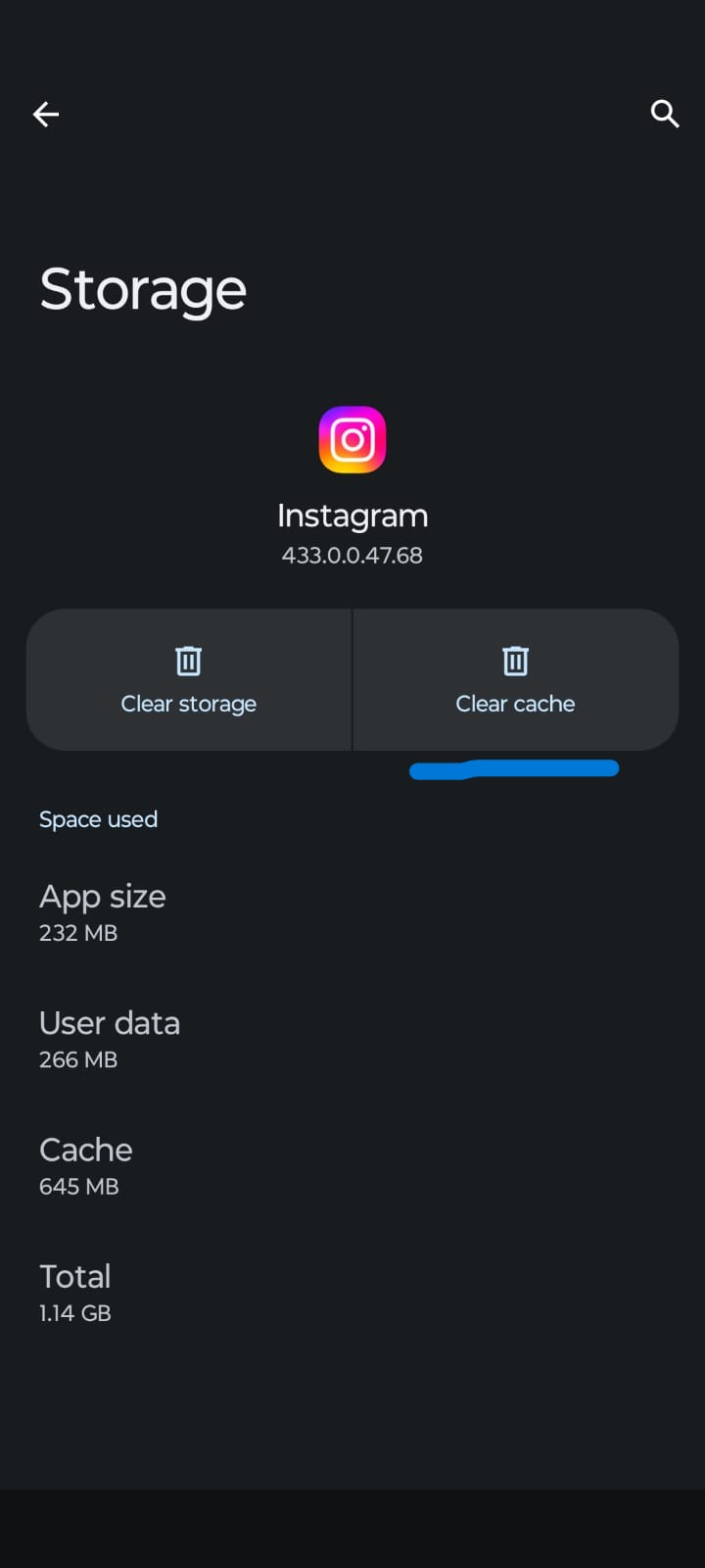 Screenshot of the Android Instagram App Info screen in dark mode. The Instagram logo appears at the top, with buttons for Open, Uninstall, and Force Stop. Below are settings categories including Notifications, Permissions, Storage & Cache, Mobile Data & Wi-Fi, Screen Time, Battery, and Open by Default, with Storage & Cache highlighted to indicate the next step for clearing app cache.