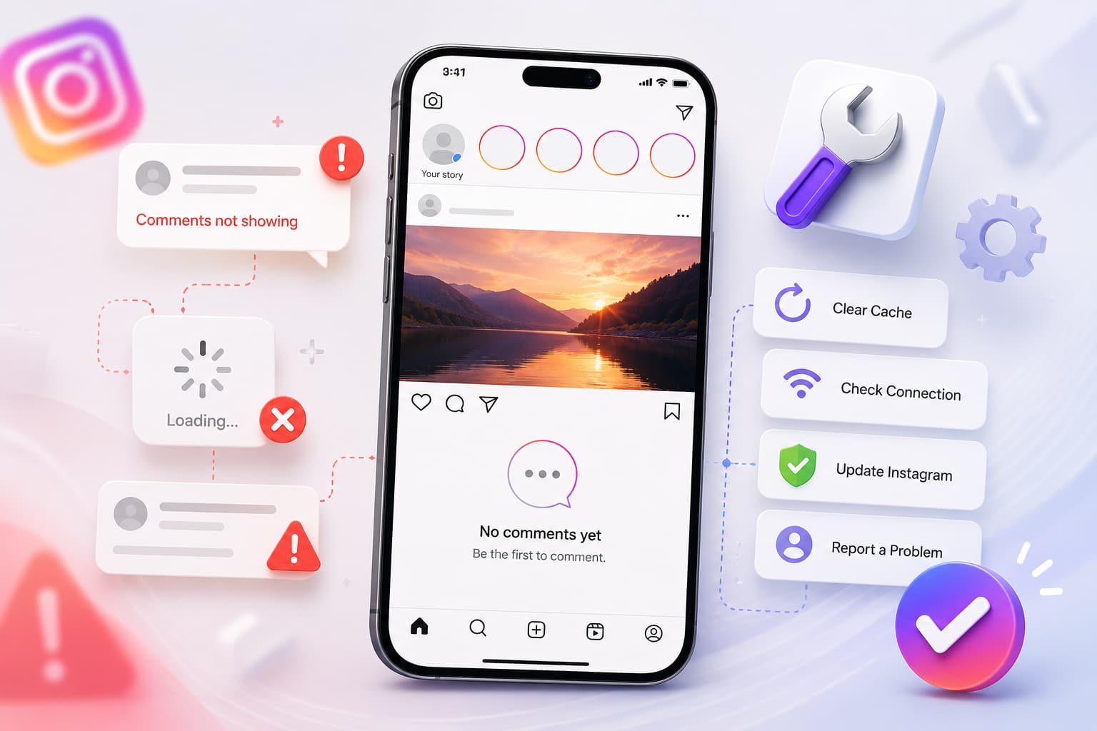 3D illustration of a smartphone displaying an Instagram-style feed where comments are missing or not loading. Error alerts, warning icons, and loading indicators appear on the left side, while solution cards on the right show actions such as clearing cache, checking the internet connection, updating Instagram, and reporting a problem.