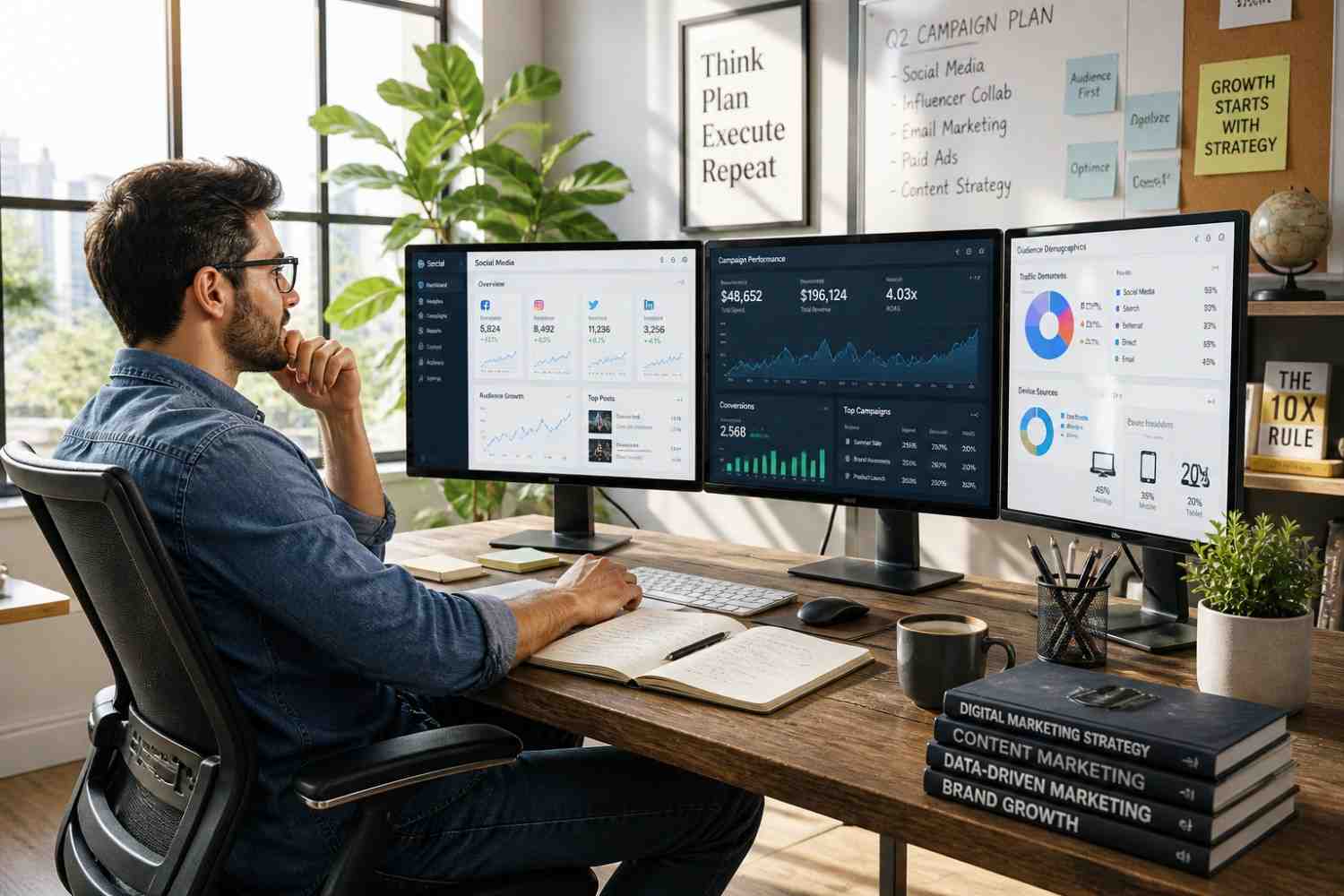 A man sits at a large wooden desk, thoughtfully analyzing data across a comprehensive three-monitor setup.