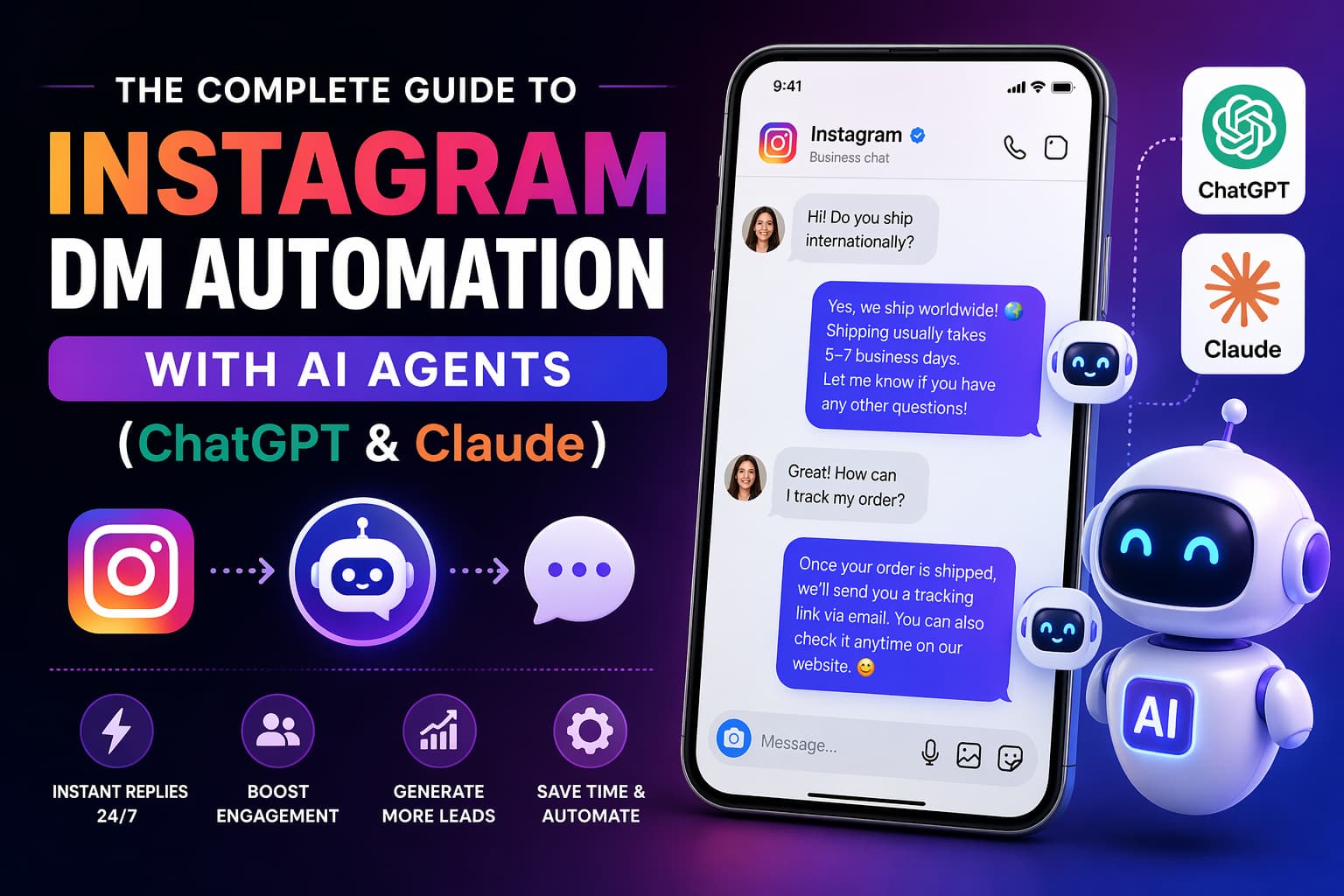 Modern banner showing Instagram DM automation with AI agents (ChatGPT and Claude), featuring a smartphone chat interface, robot icons, and highlights like instant replies, increased engagement, and lead generation.