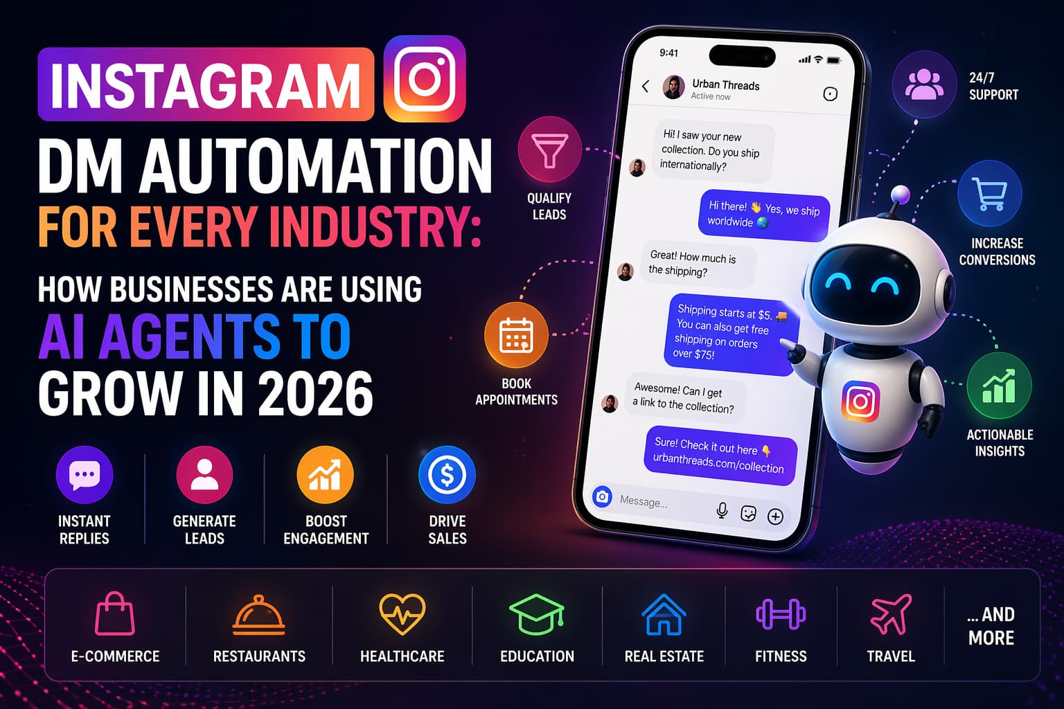 Futuristic Instagram DM automation poster showing a smartphone chat interface with AI-powered replies, a friendly robot assistant, and colorful icons representing features like lead generation, engagement, sales, appointments, and support across industries such as eCommerce, healthcare, education, fitness, and travel.