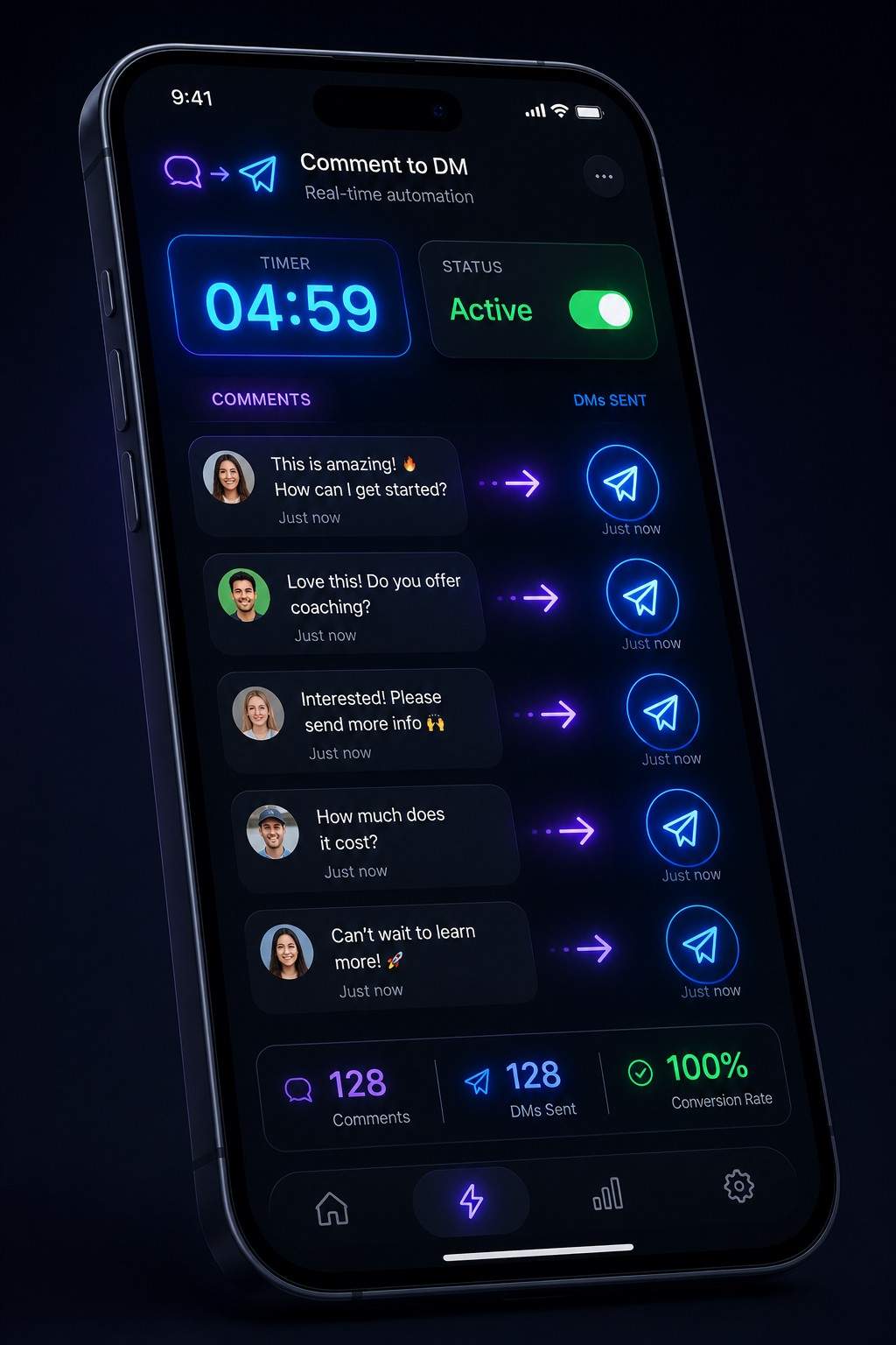 A close-up of a sleek, dark-mode smartphone interface displaying a real-time 'Comment to DM' automation dashboard. At the top, a glowing cyan timer reads '04:59' next to a green toggle switch indicating the status is 'Active'. The main section features a live feed showing incoming user comments on the left—like 'This is amazing! How can I get started?'—with purple arrows pointing to blue paper airplane icons on the right, signifying that direct messages were sent instantly. A performance summary at the bottom highlights '128 Comments,' '128 DMs Sent,' and a '100% Conversion Rate,' situated above a navigation bar with a glowing purple lightning bolt icon.