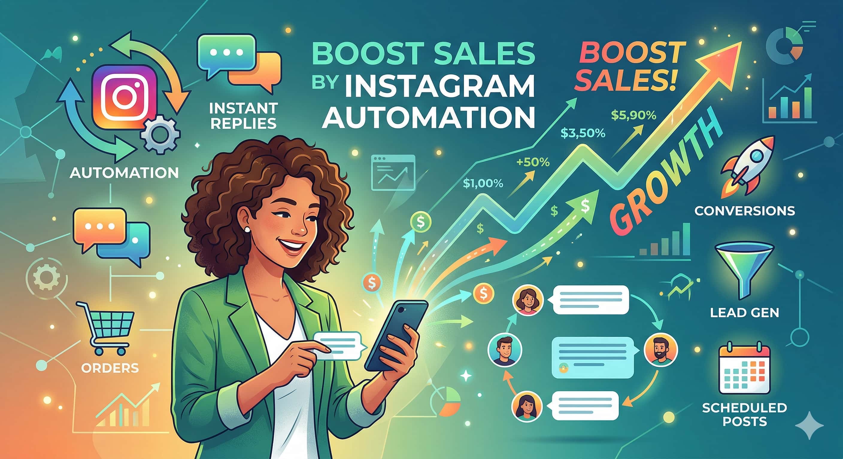 Illustration of Instagram automation boosting sales, featuring a woman using a smartphone with chat messages and automated replies. Visual elements include the Instagram logo, arrows, growth charts, and icons representing conversions, lead generation, orders, and scheduled posts. Text highlights “Boost Sales by Instagram Automation” and “Growth,” with upward trends and percentage increases indicating improved performance.
