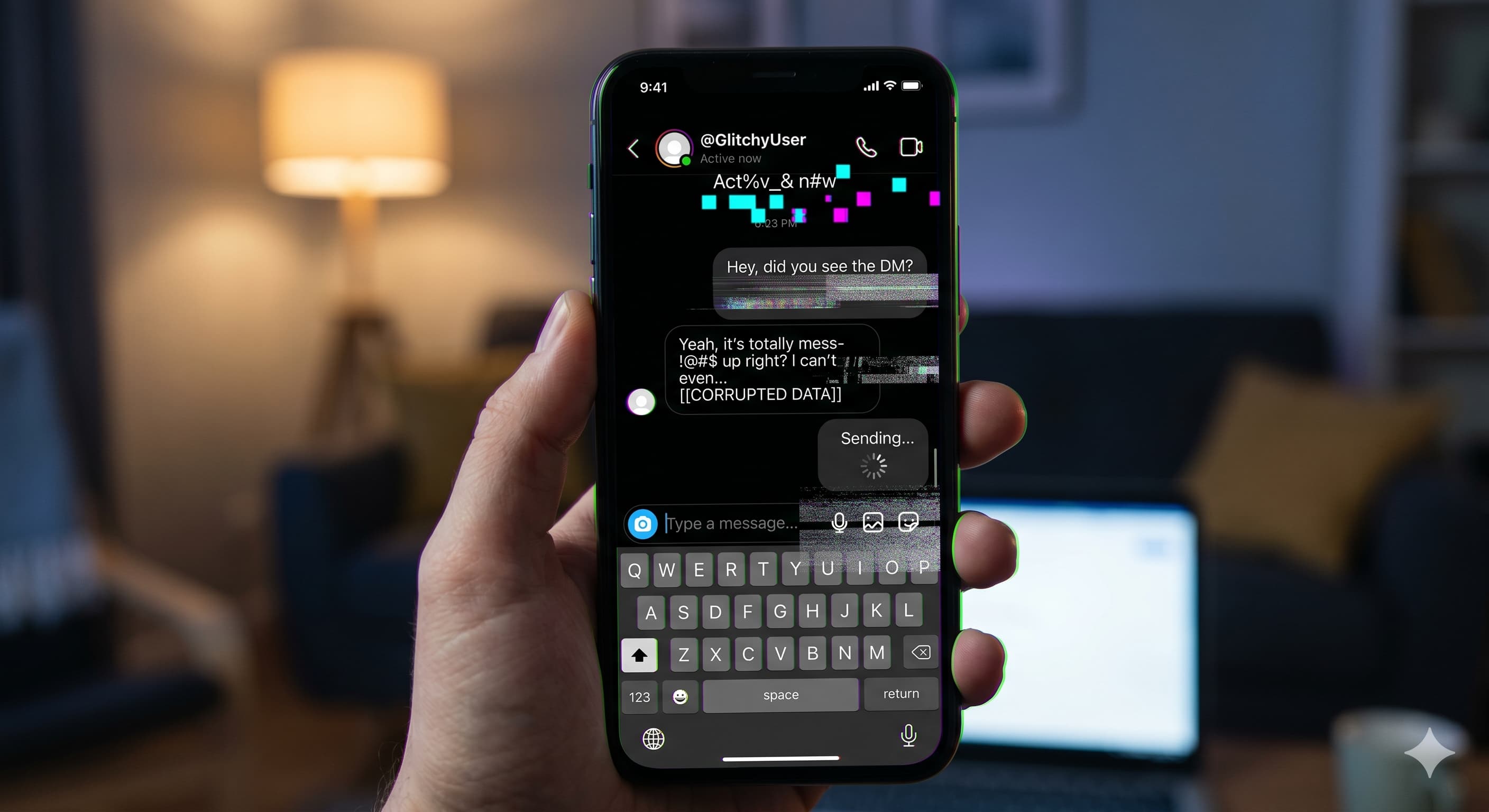 A close-up of a person holding a smartphone showing a glitched Instagram direct message conversation. The chat screen features corrupted text, pixelated digital artifacts, neon pink and blue blocks, and a stuck 