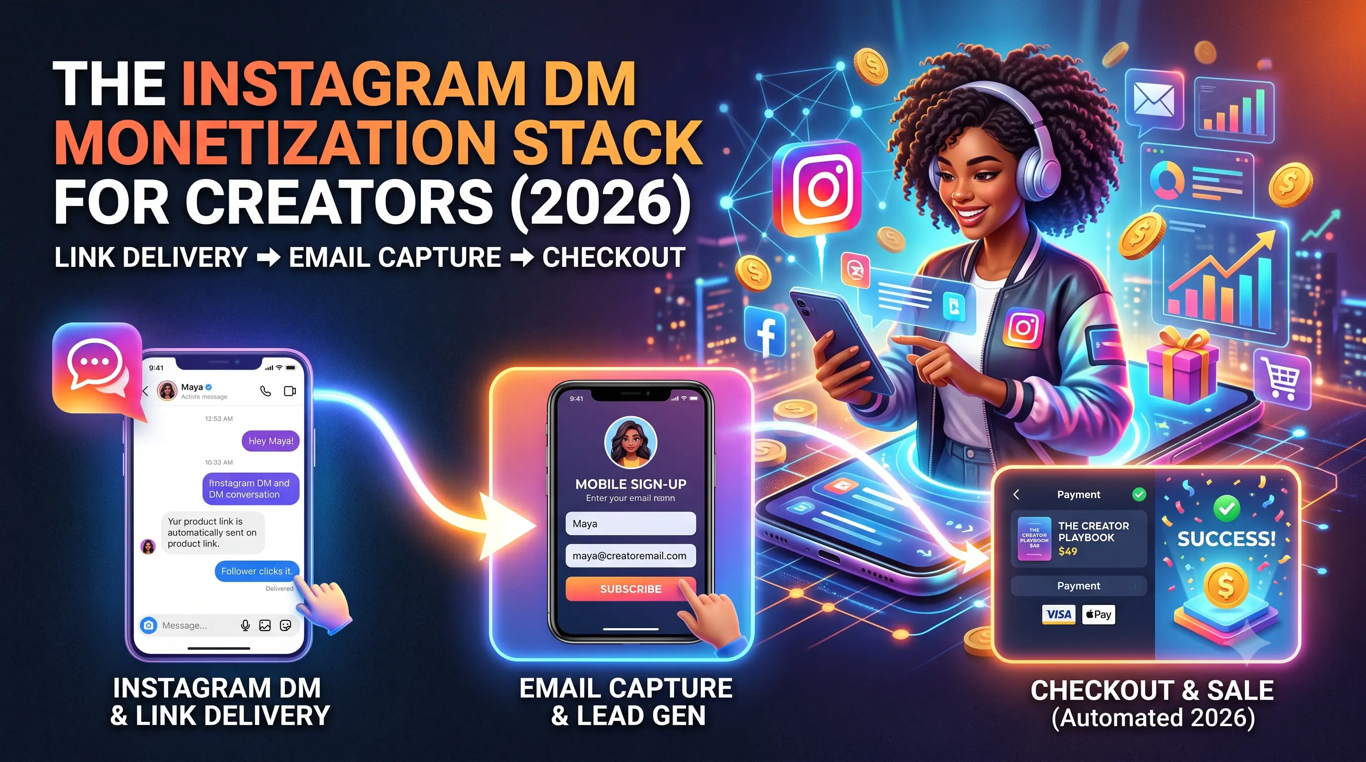An infographic-style hero image titled THE INSTAGRAM DM MONETIZATION STACK FOR CREATORS (2026) and subtitled LINK DELIVERY ,EMAIL CAPTURE , CHECKOUT.The image features a cartoon illustration of a smiling woman with headphones looking at a large smartphone floating in the air. This main illustration is surrounded by 3D graphs, money, and social media icons (Instagram, Facebook).