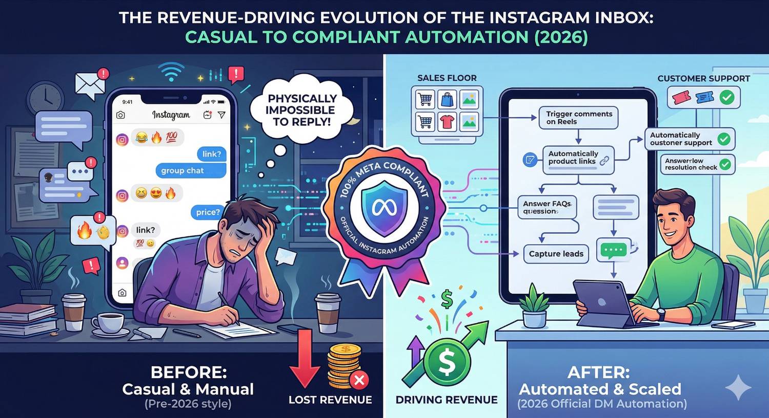 Before and after illustration of switching from stressful manual Instagram DM replies to a profitable, Meta-compliant automated messaging system.