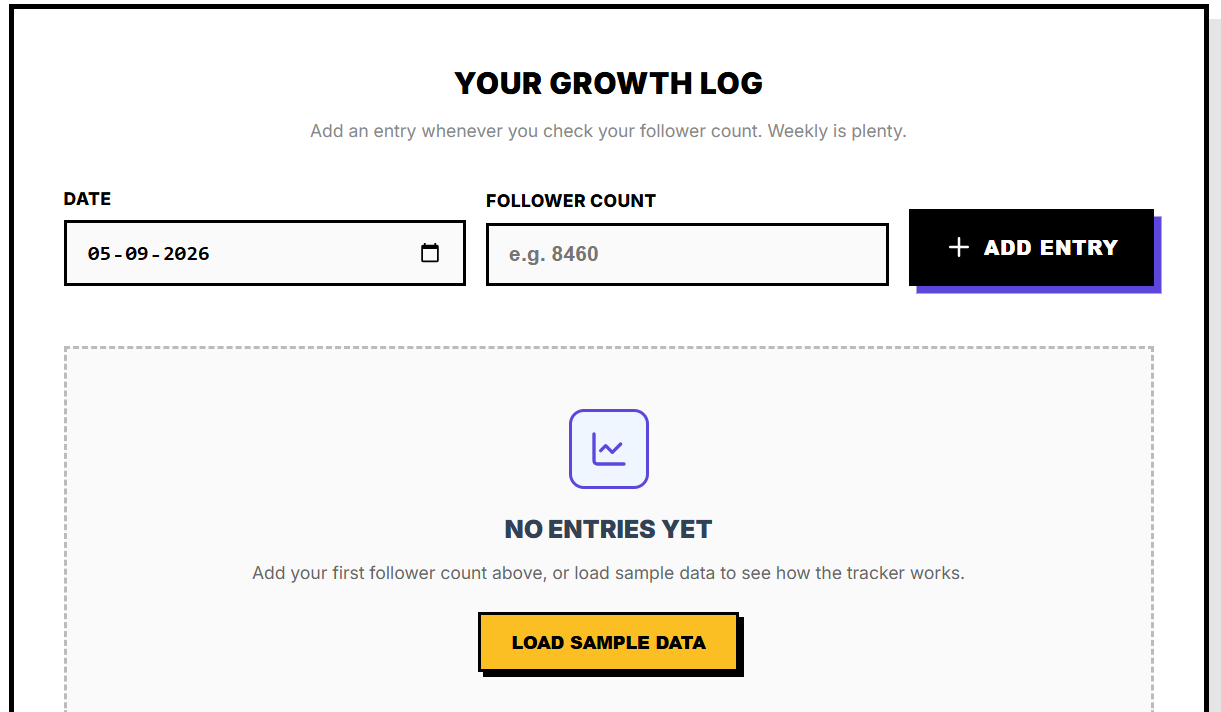 Instagram follower growth tracker showing a growth log with date, follower count, add entry button, and sample data option.