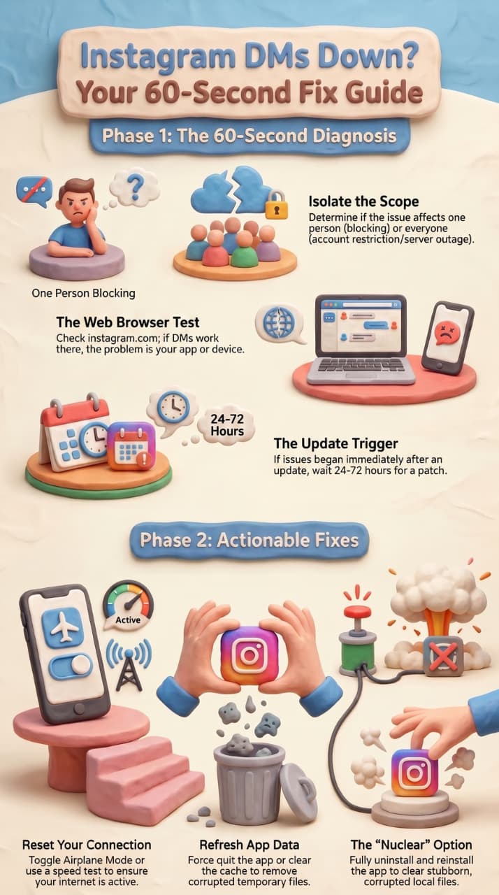 A two-part troubleshooting infographic in a 3D claymation style titled "Instagram DMs Down? Your 60-Second Fix Guide." The top section, "Phase 1: The 60-Second Diagnosis," covers isolating the scope of the problem, performing a web browser test, and monitoring update triggers. The bottom section, "Phase 2: Actionable Fixes," details resetting network connections, refreshing app data, and utilizing a "nuclear" uninstall-reinstall option.