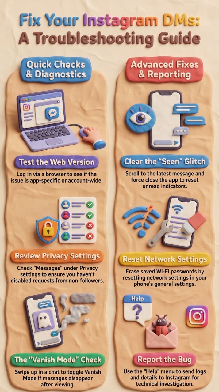 A split-column infographic in a 3D claymation style titled "Fix Your Instagram DMs: A Troubleshooting Guide." The left column covers "Quick Checks & Diagnostics," showing steps to test the web version, review privacy settings, and check Vanish Mode. The right column outlines "Advanced Fixes & Reporting," highlighting how to clear message glitches, reset device network settings, and report bugs to technical support.