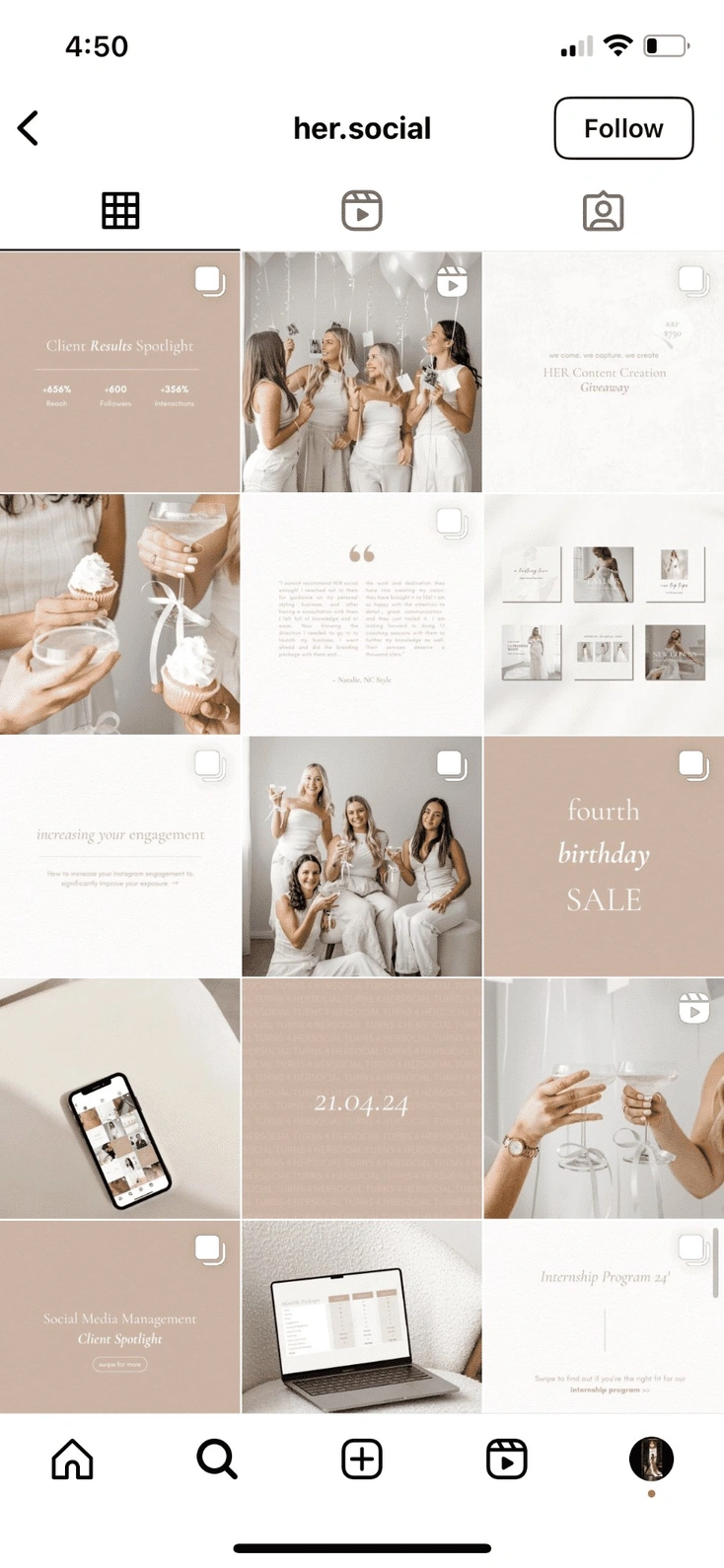 A screenshot of a professional Instagram grid layout for 'her.social' featuring a minimalist checkerboard theme. The grid alternates between lifestyle photography in neutral tones and soft beige graphic tiles with elegant serif typography.