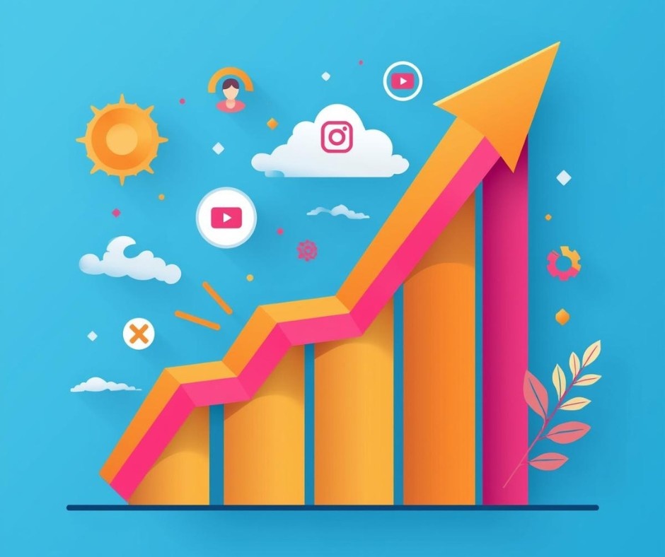  3D-style bar chart shows a bold upward trend against a bright blue background. A large orange arrow points toward the sky, signifying rapid growth and success. The graphic is decorated with playful social media icons like Instagram and YouTube, along with sun and cloud motifs, creating a cheerful and optimistic visual for tracking digital performance.
