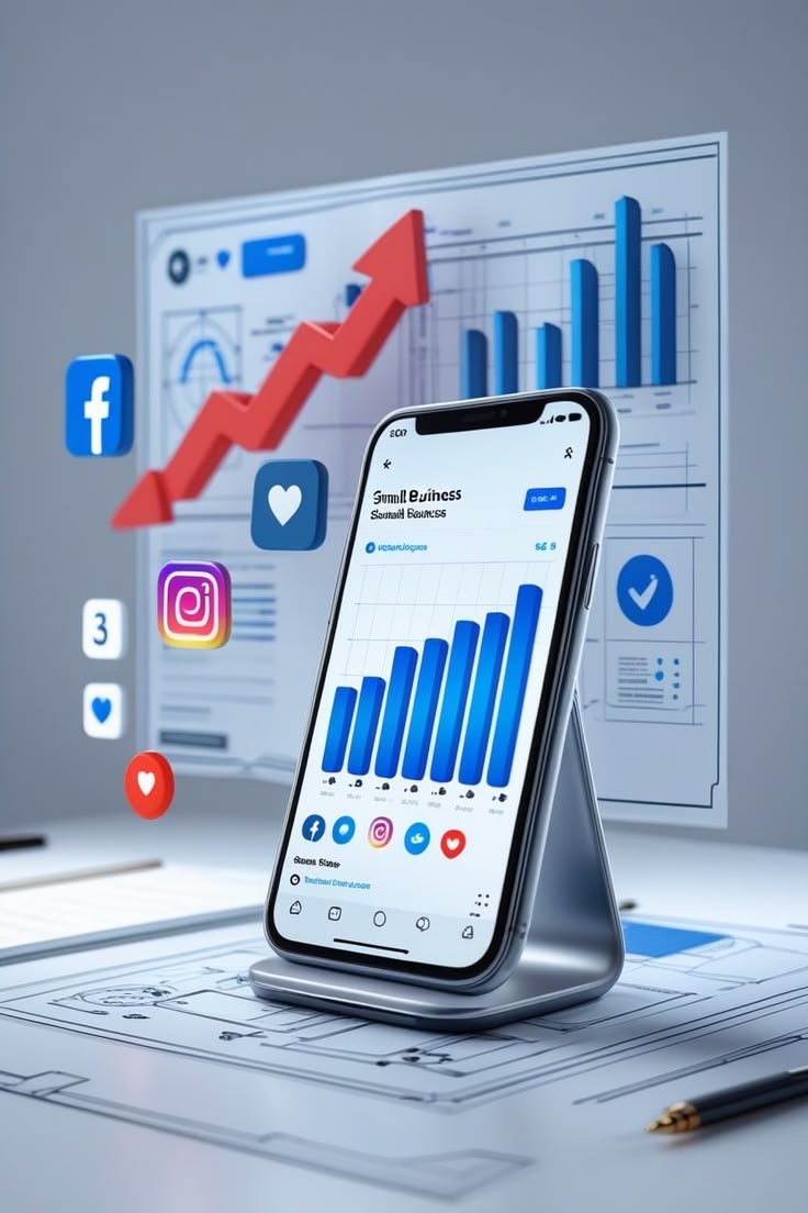 A stylized 3D illustration shows a smartphone resting on a stand, its screen displaying an upward-trending blue bar chart alongside various social media icons. Floating icons for platforms like Facebook and Instagram surround the device, while a large, jagged red arrow points sharply upwards against a backdrop of more data graphs, symbolizing digital marketing growth and success.