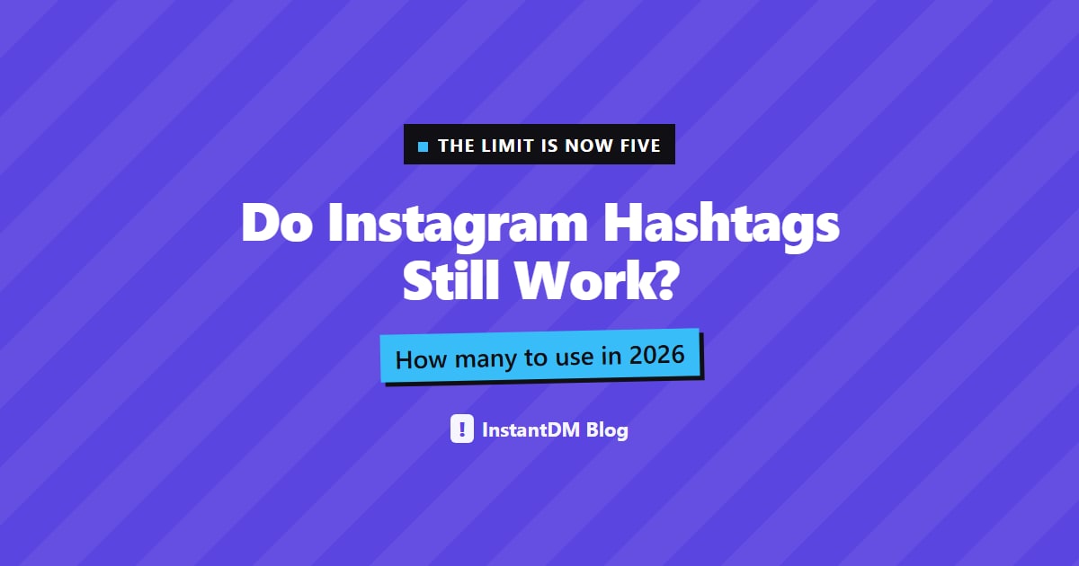 Purple title card reading Do Instagram Hashtags Still Work?, with the line How many to use in 2026 and the InstantDM Blog logo