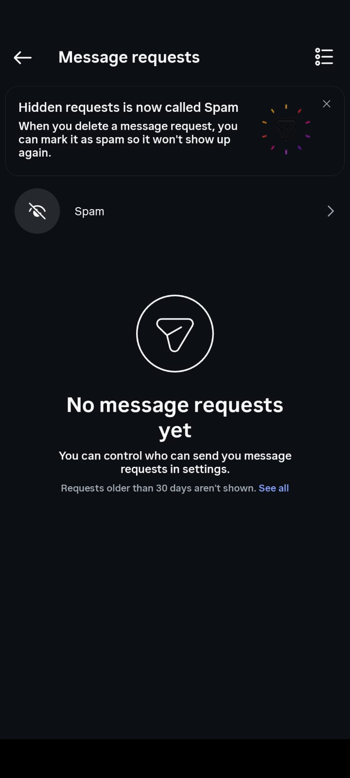 Instagram Message Requests screen showing no pending requests, with a Spam folder and a notice explaining that hidden requests are now called Spam.