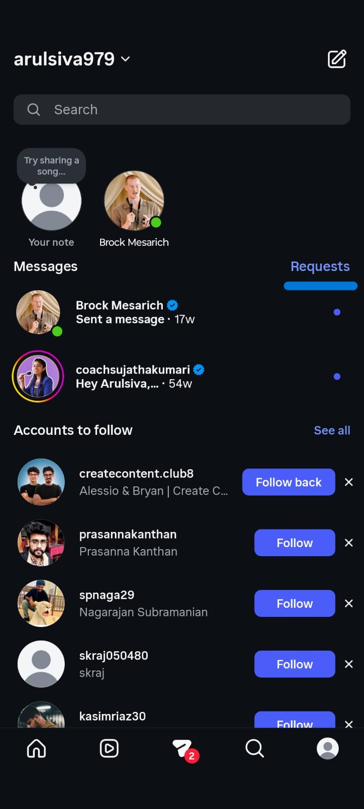 Instagram Direct Messages screen showing message requests, active chats, and suggested accounts to follow.