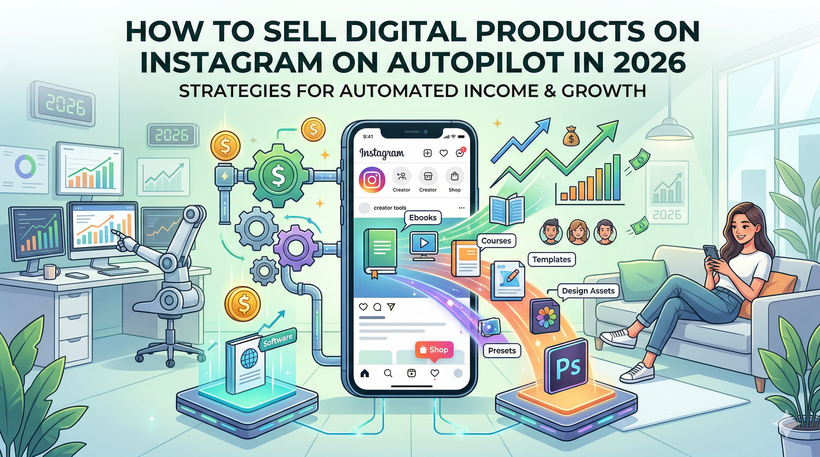  A clean, professional digital illustration titled "HOW TO SELL DIGITAL PRODUCTS ON INSTAGRAM ON AUTOPILOT IN 2026," showing a central smartphone connected to an automated gears-and-revenue system while a woman relaxes on a sofa.