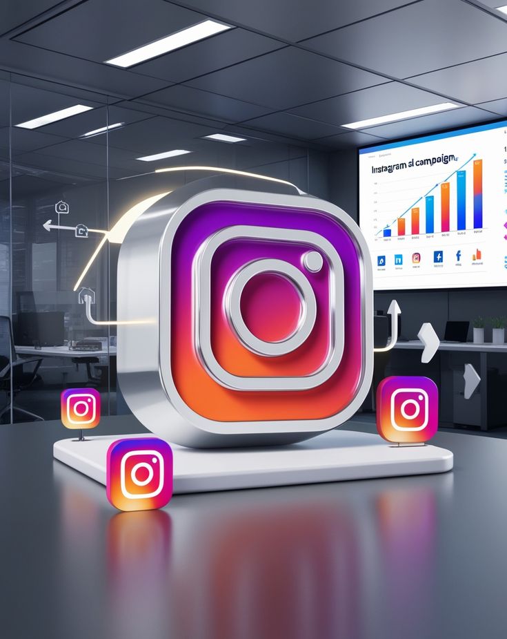 A 3D metallic Instagram logo resting on a desk in a modern office, with a growth chart displayed on a screen in the background.
