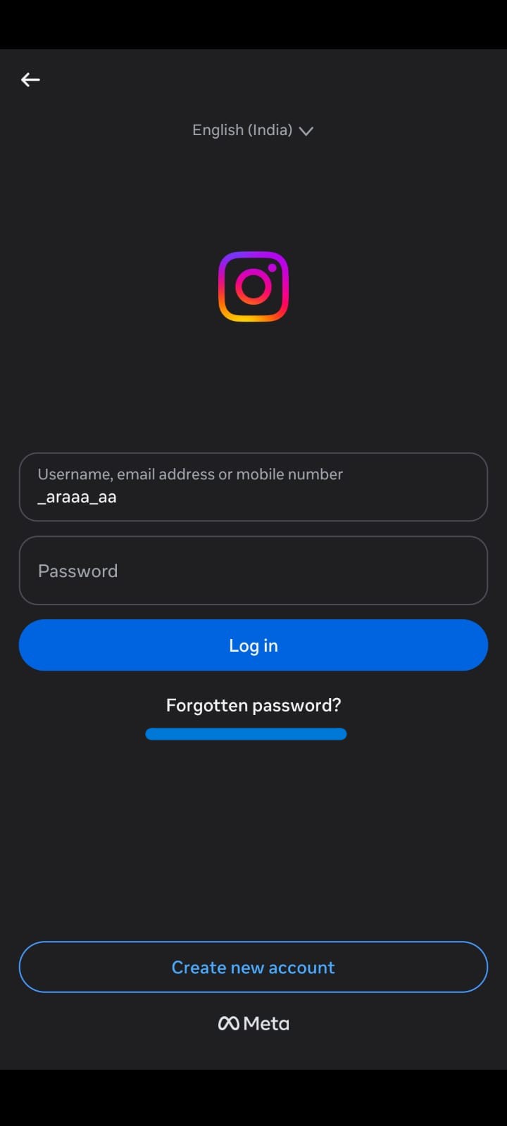 Screenshot of the Instagram login screen in dark mode on a mobile device. The screen displays fields for username and password, a blue Log In button, a Forgotten Password? link, and a Create New Account button at the bottom. The Instagram logo is centered above the login form, with Meta branding shown at the bottom of the screen.