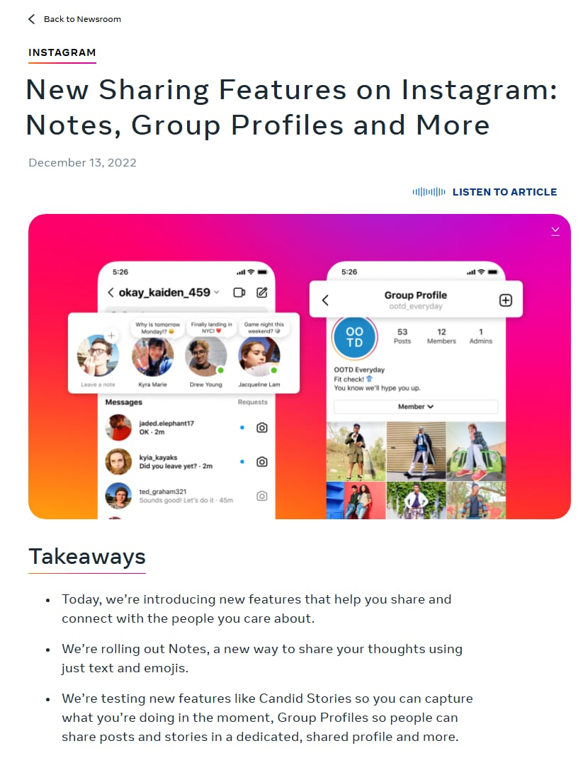 Meta newsroom article dated December 13, 2022 announcing Notes, with a phone mockup showing notes in a row above the Messages list in the Instagram inbox