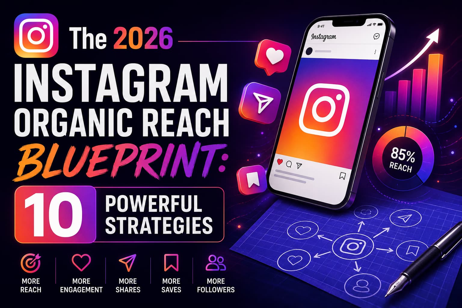 A vibrant, dark-themed digital marketing graphic titled The 2026 INSTAGRAM ORGANIC REACH BLUEPRINT: 10 POWERFUL STRATEGIES. On the left, the bold white and orange text is displayed next to an Instagram logo. On the right, a 3D smartphone displays the Instagram feed interface, surrounded by floating engagement icons for likes, direct messages, and saves. Below the phone, a blue blueprint grid shows a strategy diagram with a pen resting next to it, alongside a circular metric chart displaying 85% REACH.'