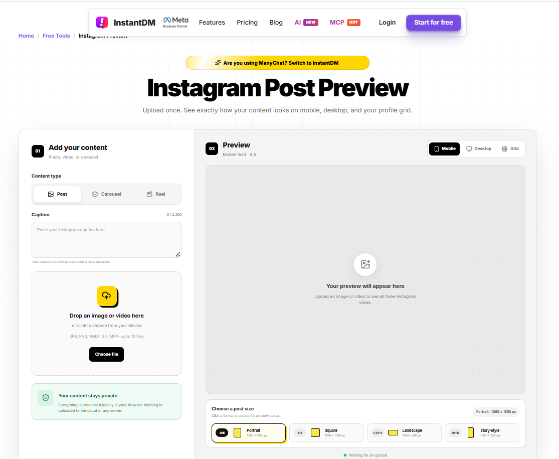 Instagram Post Preview tool interface showing options to upload content, add a caption, and preview posts in mobile, desktop, and profile grid views.