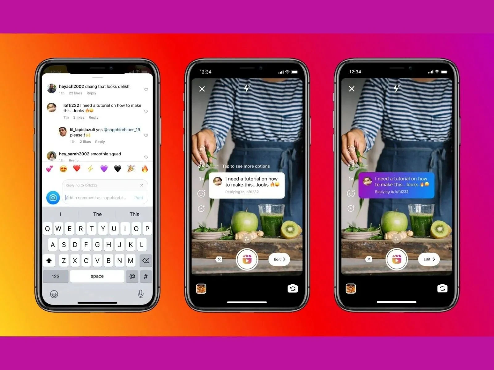 Three smartphone screens displayed side-by-side demonstrating how to reply to an Instagram comment with a new Reel. The screens show the comment section, and then a video of a green smoothie being made with the user's comment overlaid as a sticker.