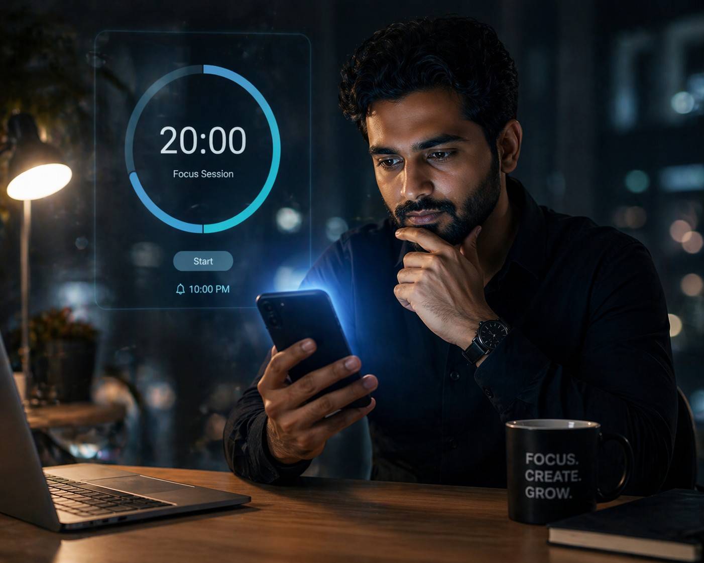 A man looking thoughtfully at his smartphone in a dark office, with a glowing digital timer displaying '20:00' and 'Focus Session' appearing in the air beside him.