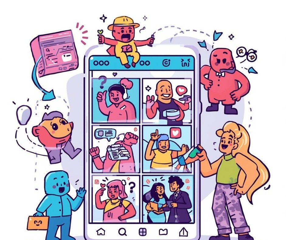 this playful, comic-style illustration depicts a lively community of cartoon characters interacting with a giant smartphone. The phone displays a social media grid filled with diverse people, while the surrounding characters—ranging from a worker in a yellow hat to a business-ready blue figure—represent the broad spectrum of creators and users on the platform.