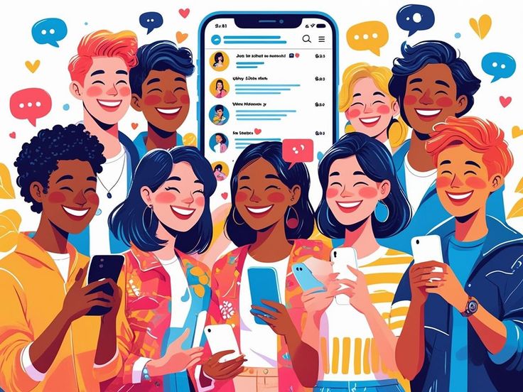 A vibrant, colorful illustration depicts a diverse group of smiling people happily engaging with their individual smartphones. They stand in front of a giant phone screen displaying a chat interface, surrounded by floating message bubbles and hearts that symbolize online community and digital communication.