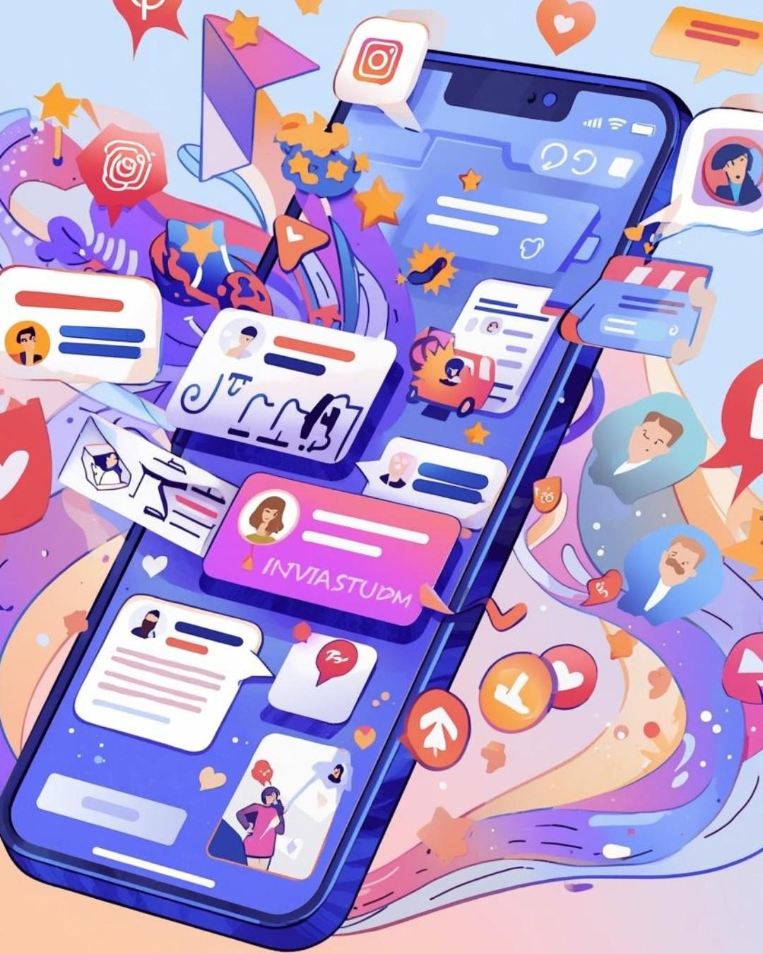 This high-energy, stylized illustration captures the feeling of an Instagram story "blowing up" with engagement. It features a central smartphone overflowing with a chaotic yet vibrant wave of notification bubbles, hearts, and user profiles.