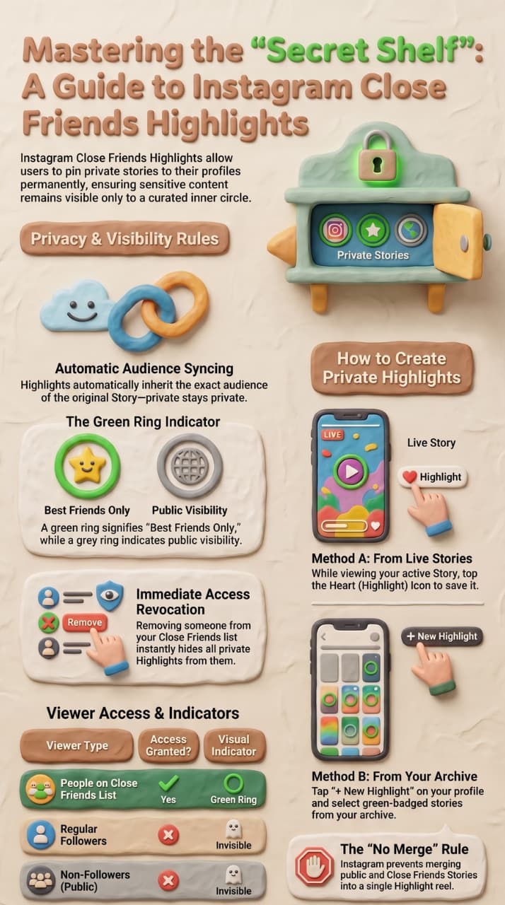 Infographic designed in a playful, 3D claymation style titled "Mastering the 'Secret Shelf': A Guide to Instagram Close Friends Highlights." The guide breaks down privacy rules, audience indicators like the green ring, and step-by-step methods for creating private highlights directly from live stories or archives, using helpful 3D illustrations of smartphones, locks, and charts.