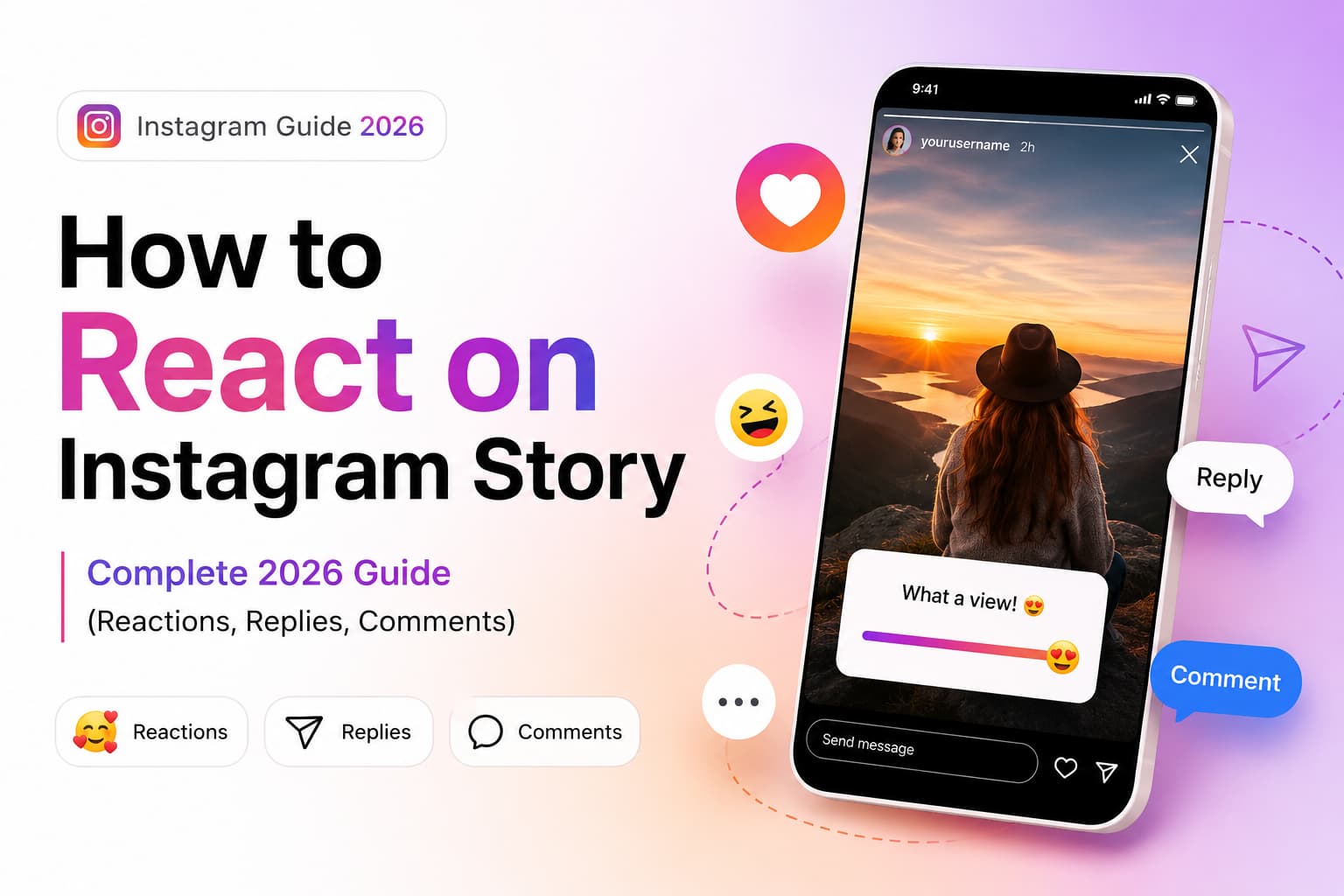 Hero image for a 2026 Instagram guide showing a smartphone displaying an Instagram Story at sunset with floating reaction, reply, and comment icons. The design highlights how to react, reply, and comment on Instagram Stories, with bold text reading How to React on Instagram Story – Complete 2026 Guide (Reactions, Replies, Comments) against a modern pink, orange, and purple gradient background.