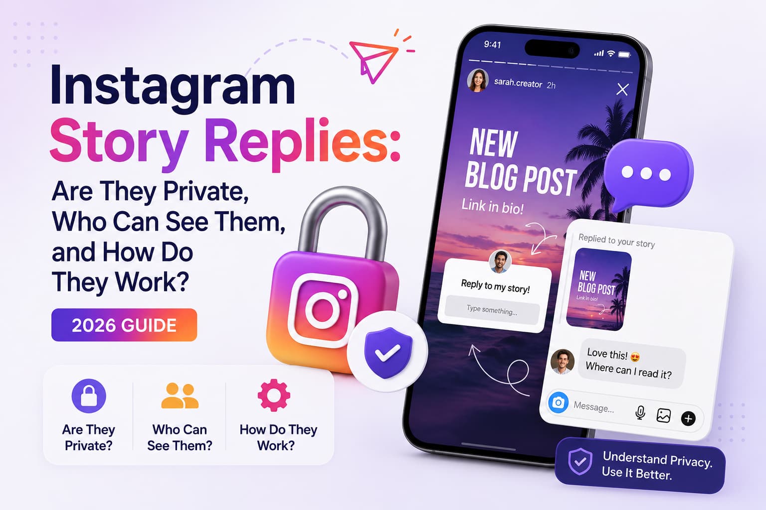 Hero image for a 2026 guide explaining Instagram Story replies, featuring a smartphone displaying an Instagram Story alongside a private DM conversation. The design includes a padlock, shield, and chat icons to emphasize privacy, with bold text asking Are They Private, Who Can See Them, and How Do They Work? against a modern white and purple gradient background.