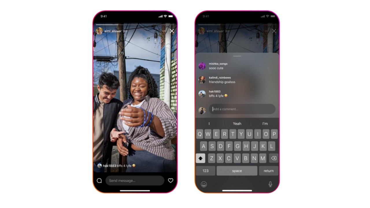 Two side-by-side screenshots of an Instagram Story. The left shows two people smiling together; the right shows the same Story with a comment section overlay and a mobile keyboard open to type a reply.