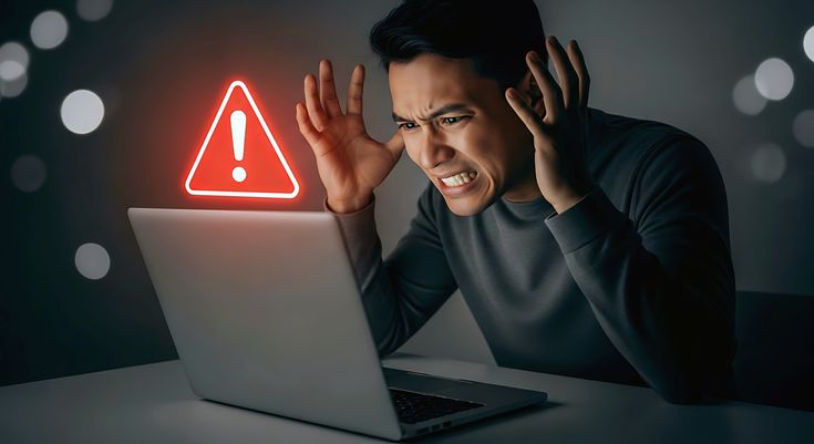 A highly frustrated man staring at his laptop with a glowing red warning triangle hovering above the screen.